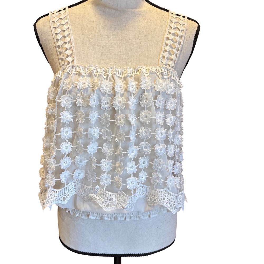 Paola Poggi White Floral Lace 3D Daisy Camisole Smocked Stretch Tank Top IT 38 S